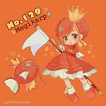  1girl braid brown_eyes character_name creatures_(company) crown dress eyes_visible_through_hair fish flag full_body game_freak gen_1_pokemon gloves holding holding_flag magikarp mameeekueya moemon nintendo number open_mouth orange_(color) orange_background orange_dress orange_footwear orange_hair personification poke_ball poke_ball_(generic) pokemon pokemon_(creature) pokemon_number shoes simple_background standing twitter_username white_flag yellow_gloves 