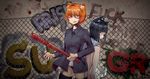  baseball_bat black_hair blood cat_ears cat_eyes cellphone cigarette despair_(artist) graffiti looking_at_viewer nail_bat orange_hair purple_eyes red_eyes smoking street 