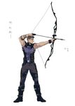  1boy aiming archery arm_guards arm_up arrow avengers belt belt_boots between_fingers black_footwear black_pants boots bow_(weapon) clint_barton closed_mouth drawing_bow full_body grey_hair hawkeye_(marvel) holding holding_bow_(weapon) holding_weapon knee_boots kyuudou male_focus marvel outstretched_arm pants profile simple_background snap-fit_buckle solo standing weapon white_background wristband 
