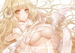  angel_wings apt bangs blonde_hair blush bound bound_arms bow braid breasts commentary_request eyebrows eyebrows_visible_through_hair frilled_shirt_collar frilled_sleeves frills horns large_breasts long_hair looking_at_viewer midriff original sheep_horns solo underboob upper_body very_long_hair white_background wings yellow_eyes 