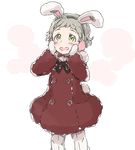  alternate_costume animal_ears blush bow bunny_ears bunny_tail earmuffs egawa_satsuki gloves green_eyes hands_on_own_cheeks hands_on_own_face himeno_kanon idolmaster idolmaster_side-m looking_up male_focus mittens polka_dot smile solo tail white_gloves winter_clothes 