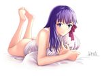  artist_name ass bangs barefoot blush bottomless camisole closed_mouth eyebrows eyebrows_visible_through_hair fate/stay_night fate_(series) feet full_body hair_ribbon long_hair looking_at_viewer lying matou_sakura no_pupils on_bed on_stomach pillow purple_eyes purple_hair ribbon rna_(angel-smelter) signature smile soles solo the_pose white_background 