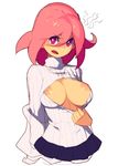  bad_id bad_twitter_id blush breasts cleavage cleavage_cutout clothes_tug inverted_nipples large_breasts looking_at_viewer meme_attire metata nipples open-chest_sweater original pink_eyes pink_hair ribbed_sweater short_hair solo sweater sweater_tug 