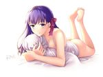  artist_name ass bangs barefoot blush bottomless camisole closed_mouth collarbone eyebrows eyebrows_visible_through_hair fate/stay_night fate_(series) full_body hair_ribbon long_hair looking_at_viewer lying matou_sakura no_pupils on_bed on_stomach pillow purple_eyes purple_hair ribbon rna_(angel-smelter) signature smile soles solo the_pose white_background 