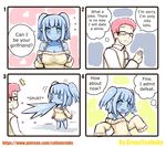  0_0 1boy 1girl 4koma absurdres age_regression bare_shoulders blue_eyes blue_hair blue_skin breast_hold breast_reduction breasts collared_shirt comic dress english flat_chest glasses goo_girl greenteaneko hidden_eyes highres large_breasts long_sleeves monster_girl non-web_source off-shoulder_dress off-shoulder_sweater off_shoulder original pink_hair pointy_ears shirt sleeves_past_wrists spitting surprised sweater twintails white_dress wing_collar younger 