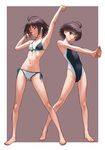  :3 ^_^ antenna_hair arm_up armpits barefoot bikini black_eyes black_hair closed_eyes competition_swimsuit dual_persona front-tie_top full_body idolmaster idolmaster_(classic) kikuchi_makoto navel nekopuchi one-piece_swimsuit outstretched_arms short_hair side-tie_bikini simple_background smile standing stretch swimsuit 