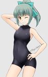  alternate_costume aqua_bow arm_up armpits artist_name ass_visible_through_thighs bangs bare_shoulders blunt_bangs blush bodysuit bow breasts contrapposto covered_navel cowboy_shot fuuma_nagi grey_background grey_hair grin hair_bow halterneck hand_behind_head hand_on_hip high_ponytail kantai_collection legs_apart one_eye_closed ponytail pose short_hair short_ponytail sidelocks simple_background skin_tight small_breasts smile solo standing turtleneck twitter_username yellow_eyes yuubari_(kantai_collection) 
