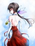  amayadori_machi backless_outfit bare_back bare_shoulders black_hair from_behind hakama highres japanese_clothes karadborg kumamiko long_hair low_ponytail miko outfit_4_(kumamiko) ponytail profile red_hakama solo yellow_eyes 