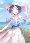  ^_^ ^o^ absurdres adjusting_clothes adjusting_hat arm_at_side arm_up bangs bare_shoulders black_hair blue_hair blue_shirt blue_sky blurry cliff closed_eyes collarbone cowboy_shot day depth_of_field field flower glint grass hat hayami_kanade highres horizon idolmaster idolmaster_cinderella_girls ilo jewelry light_rays lips necklace ocean off-shoulder_shirt off_shoulder parted_bangs pink_flower plant shirt short_hair skirt sky solo sun_hat sunlight water white_hat white_skirt 