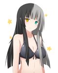  aqua_eyes black_bikini_top black_hair breasts cleavage collarbone grey_hair harujiya_(setugetuka) heterochromia highres hime_cut long_hair medium_breasts multicolored_hair navel original simple_background solo star white_background yellow_eyes 