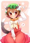  :3 animal_ears bow brown_eyes brown_hair cat_ears cat_tail chen closed_mouth dress eighth_note english green_hat hat ibaraki_natou jewelry long_sleeves mob_cap multiple_tails musical_note nekomata pila-pela red_dress short_hair single_earring solo spoken_musical_note string_phone tail touhou two_tails 