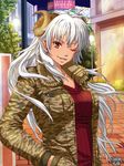  artist_request character_request copyright_name earrings grey_hair hand_in_pocket horns jacket jewelry kerberos_blade long_hair one_eye_closed open_clothes open_jacket red_eyes sky smile solo tree 