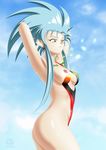  absurdres arms_behind_head ass blue_hair breasts dissolving_clothes earrings highres jewelry long_hair n.kaname nipples one-piece_swimsuit one_breast_out ryouko_(tenchi_muyou!) sidelocks signature small_breasts solo spiked_hair swimsuit tenchi_muyou! torn_clothes torn_swimsuit yellow_eyes 