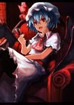 absurdres alcohol aruto2498 ascot bat_wings blue_hair cup drinking_glass fang hat hat_ribbon highres letterboxed looking_at_viewer mob_cap nail_polish open_mouth puffy_sleeves red_eyes remilia_scarlet ribbon sash shirt short_hair short_sleeves sitting skirt skirt_set smile solo throne touhou wine wine_glass wings 