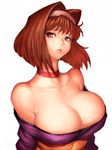  bare_shoulders breasts brown_eyes brown_hair choker cleavage fumio_(rsqkr) hair_intakes hairband huge_breasts kanzaki_sumire lips looking_at_viewer mole mole_under_eye pout sakura_taisen short_hair simple_background solo white_background 