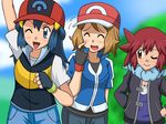  ;) alain_(pokemon) alain_(pokemon)_(cosplay) arm_up baseball_cap blue_eyes blue_hair blush brown_hair cosplay fingerless_gloves flying_sweatdrops gloves hands_on_hips hat hikari_(pokemon) kuro_hopper manon_(pokemon) multiple_girls one_eye_closed pokemon pokemon_(anime) pokemon_dp_(anime) pokemon_xy_(anime) red_hair satoshi_(pokemon) satoshi_(pokemon)_(cosplay) scratching_cheek serena_(pokemon) smile 