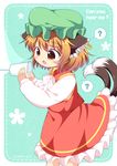  ? animal_ears bow brown_eyes brown_hair cat_ears cat_tail chen dress english fang green_hat hat jewelry long_sleeves mob_cap multiple_tails nekomata open_mouth pila-pela red_dress short_hair single_earring solo spoken_question_mark string_phone tail touhou two_tails 