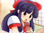  1girl black_hair blush fellatio konpeto licking nakoruru penis penis_awe ribbon samurai_spirits snk 