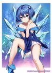  bare_legs bare_shoulders blue_dress blue_eyes blue_hair collarbone detached_sleeves dress ice layered_dress long_sleeves looking_at_viewer official_art piruluk ray-akila solo white_dress wide_sleeves wixoss 