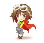  brown_eyes brown_hair cape chibi cosplay despicable_me full_body goggles hands_in_pockets iesupa minion_(despicable_me) minion_(despicable_me)_(cosplay) overalls ruby_rose rwby rwby_chibi short_hair smile solo 