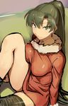  black_legwear blush breast_press breasts closed_mouth couch earrings fire_emblem fire_emblem:_rekka_no_ken fur_collar fur_trim green_eyes green_hair jewelry knee_up knees_to_chest large_breasts long_hair long_sleeves looking_at_viewer lyndis_(fire_emblem) on_couch ponytail red_sweater shinon_(tokage_shuryou) single_thighhigh sitting sketch smile solo sweater thighhighs very_long_hair 
