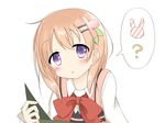  ? brown_hair bunny gochuumon_wa_usagi_desu_ka? hair_ornament hairclip highres hoto_cocoa purple_eyes rabbit_house_uniform sedona short_hair solo spoken_animal spoken_question_mark 