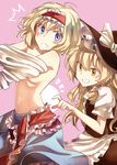  2girls alice_margatroid blonde_hair blue_eyes blush braid breasts clenched_teeth hairband hat kirisame_marisa long_hair mitsunara multiple_girls navel pink_background short_hair short_sleeves simple_background single_braid small_breasts smile surprised teeth touhou undressing witch_hat yellow_eyes 