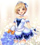  :d aiba_yumi blonde_hair blurry breasts brown_eyes chromatic_aberration cleavage depth_of_field frilled_skirt frills idolmaster idolmaster_cinderella_girls idolmaster_cinderella_girls_starlight_stage looking_at_viewer medium_breasts mizuki_makoto open_mouth short_hair skirt smile solo starry_sky_bright tiara 