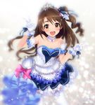  blurry breasts brown_eyes brown_hair chromatic_aberration cleavage depth_of_field double_v frilled_skirt frills idolmaster idolmaster_cinderella_girls idolmaster_cinderella_girls_starlight_stage long_hair looking_at_viewer medium_breasts mizuki_makoto one_side_up shimamura_uzuki skirt smile solo starry_sky_bright tiara v 