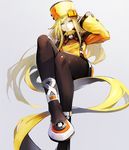  banpai_akira blonde_hair blue_eyes brown_legwear cross-laced_footwear dress fingerless_gloves gloves guilty_gear guilty_gear_xrd hat long_hair millia_rage orange_hat pantyhose prehensile_hair solo very_long_hair 