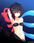  arm_up armpits artist_name asymmetrical_wings black_hair bottomless bra breasts collarbone convenient_censoring covered_nipples gradient gradient_background highres houjuu_nue looking_at_viewer navel nuenya red_eyes short_hair small_breasts smile solo touhou underwear wings 