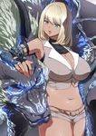  armpits bare_shoulders belly belt blonde_hair breasts cleavage dark_skin dragon fingerless_gloves gloves green_eyes huge_breasts long_hair midriff navel otoi_rekomaru short_shorts shorts thighs 