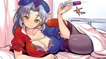  akuma bad_anatomy blanket blush bra breasts cleavage collarbone dress green_eyes grey_hair hat highres large_breasts long_hair looking_at_viewer lying nurse_cap on_bed on_side puffy_sleeves short_dress short_sleeves smile solo syringe thighhighs touhou underwear yagokoro_eirin 