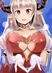 alicia_(granblue_fantasy) blush breasts center_opening cleavage draph dress earrings gloves granblue_fantasy horns jewelry large_breasts long_hair looking_at_viewer mature nerotarou@seven open_mouth pointy_ears red_eyes silver_hair solo white_gloves 