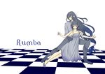  1girl bare_shoulders black_hair checkered checkered_floor closed_eyes dancing dress english female_saniwa_(touken_ranbu) grey_eyes juzumaru_tsunetsugu limited_palette long_hair low-tied_long_hair saniwa_(touken_ranbu) touken_ranbu tsugumi_(uzurabird) 