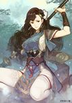  artist_name benizuki_(toukiden) breasts brown_hair earrings hair_ornament hidari_(left_side) jewelry large_breasts light_particles long_hair polearm red_eyes silhouette solo squatting thighhighs toukiden toukiden_2 tree very_long_hair watermark weapon white_legwear 
