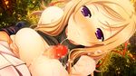  1girl bare_shoulders blonde_hair blush breasts censored clothes_lift cum cum_on_body cum_on_breasts cum_on_hair cum_on_upper_body cumdrip facial from_above game_cg hair_ribbon hetero hikage_eiji large_breasts long_hair looking_at_viewer mosaic_censoring niwa_gorouzaemonnojou_mugiho_nagahide outdoors paizuri penis purple_eyes ribbed_sweater ribbon sengoku_koihime_x sengoku_koihime_~otome_kenran_sengoku_emaki~ smile solo_focus sweater sweater_lift turtleneck 