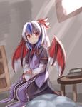  baram blue_hair blush book bow bowtie head_wings horns indoors long_sleeves multicolored_hair pillow red_bow red_eyes red_neckwear red_wings short_hair silver_hair single_head_wing sitting sketch solo table tokiko_(touhou) touhou two-tone_hair wings 