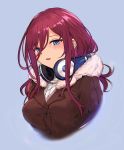  1girl blue_background blue_eyes blush breasts coat eyebrows_visible_through_hair fur_trim go-toubun_no_hanayome hair_between_eyes headphones headphones_around_neck highres long_hair medium_breasts nakano_miku parted_lips red_hair ribbed_sweater sidelocks simple_background solo sweater turtleneck turtleneck_sweater upper_body white_crow 