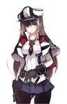  alternate_hairstyle anchor arm_at_side black_gloves black_legwear blush brown_hair capelet closed_mouth collarbone covered_navel cowboy_shot expressionless gloves graf_zeppelin_(kantai_collection) hat head_tilt highres iron_cross kantai_collection long_hair md5_mismatch necktie pantyhose peaked_cap pleated_skirt purple_eyes purple_skirt red_neckwear simple_background sketch skirt solo standing tsurime underbust very_long_hair white_background white_hat yu_kitsune 