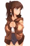  absurdres bad_id bad_pixiv_id blue_swimsuit blush brown_coat brown_eyes brown_hair coat covered_navel cowboy_shot crop_top eyebrows eyebrows_visible_through_hair hands_clasped highres i-401_(kantai_collection) kantai_collection looking_afar looking_to_the_side one-piece_swimsuit open_clothes open_coat own_hands_together ponytail ranf shirt short_hair simple_background solo standing swimsuit swimsuit_under_clothes tareme thigh_gap white_background white_shirt 