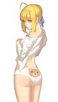 absurdres ahoge animal_print artoria_pendragon_(all) ass back-print_panties bad_id bad_pixiv_id bear_panties bear_print blonde_hair fate/stay_night fate_(series) green_eyes hand_on_own_chest highres legs long_sleeves looking_back panties partially_undressed print_panties saber shiny shiny_skin short_hair solo thighs underwear white_background white_panties zhano_kun 