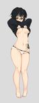  bangs black_hair black_shirt breasts brown_eyes bug cross full_body glasses grey_background highres hunter_x_hunter jewelry large_breasts long_sleeves necklace no_bra no_pants panties shirt shirt_lift shivu_(mochi) shizuku_(hunter_x_hunter) short_hair simple_background solo spider standing tattoo underboob underwear white_panties 