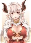  :d alicia_(granblue_fantasy) bangs blunt_bangs blush breasts cleavage cleavage_cutout cross cross_earrings curvy draph dress earrings elbow_gloves eyebrows eyebrows_visible_through_hair gloves gradient gradient_background gradient_hair granblue_fantasy hands_on_own_chest happy hips horns jewelry lace lace-trimmed_dress lace-trimmed_gloves large_breasts long_hair looking_at_viewer mature multicolored_hair mushi024 neck_ring no_bra open_mouth outside_border pointy_ears red_dress red_eyes short_sleeves sidelocks silver_hair smile solo straight_hair underboob underboob_cutout upper_body very_long_hair white_gloves 
