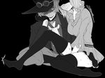  1girl belt black_legwear burn_scar collared_shirt gloves goggles goggles_on_headwear greyscale hat koala_(one_piece) komomo1214 long_sleeves monochrome one_piece sabo_(one_piece) scar shirt short_hair simple_background sitting sweat thighhighs top_hat zettai_ryouiki 