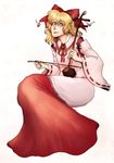  blonde_hair bow dress erhu full_body highres moonywitcher red_bow ribbon satsuki_rin short_hair sleeves_past_wrists solo touhou yellow_eyes 