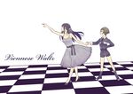  1girl black_hair bow braid brown_hair checkered checkered_floor closed_eyes dancing dress english female_saniwa_(touken_ranbu) hair_bow high_heels hirano_toushirou holding_hands military military_uniform necktie saniwa_(touken_ranbu) shorts smile touken_ranbu tsugumi_(uzurabird) uniform 