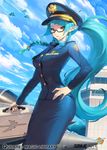 aircraft airplane blue_hair braid breasts delphine_(qurare) fighter_jet glasses hand_on_hip jet large_breasts long_hair looking_at_viewer military military_uniform military_vehicle ningu pantyhose pointy_ears ponytail qurare_magic_library solo uniform yellow_eyes 