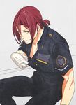  alternate_costume alternate_hairstyle free! future_fish gloves grey_background half-closed_eyes looking_at_viewer male_focus matsuoka_rin megumi-square naughty_face nipples parted_lips police police_uniform ponytail red_eyes simple_background sitting smile solo uniform white_gloves 