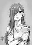  arm_tattoo blush bracelet breasts cleavage covering covering_breasts earrings erza_scarlet fairy_tail greyscale jewelry large_breasts long_hair mashima_hiro monochrome necklace nude official_art parted_lips ring shoulder_tattoo signature solo tattoo thumb_ring 
